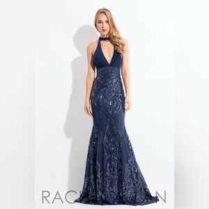 Elegant Navy Blue Halter Evening Gown